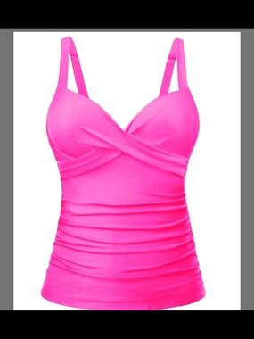 ☆Women’s Hot Pink Ruched Tankini Top Push Up XL Built In Bra Bathing Suit Swims